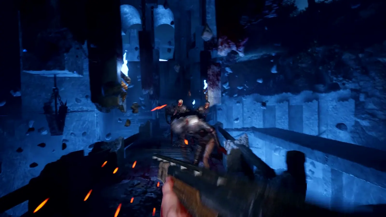 Shotgun blast into enemies inside the blue Labyrinth in Hellraiser: Revival