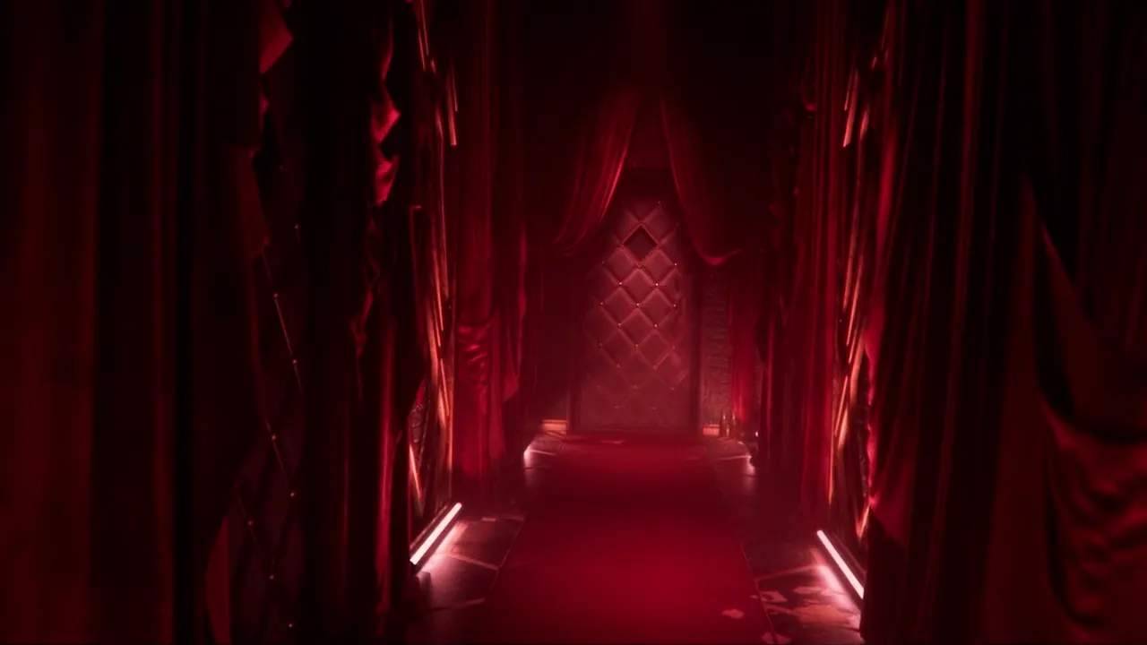Red curtained corridor leading to a diamond patterned door in Hellraiser: Revival