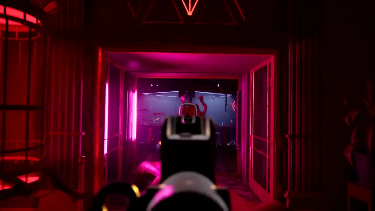 Aidan aiming a pistol down a neon-lit corridor in Hellraiser Revival